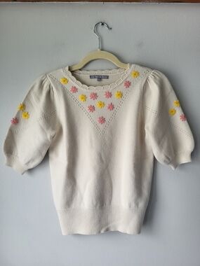 Oliver Bonas Cream Floral Embroidered Countryside Chic Puff Sleeve Sweater